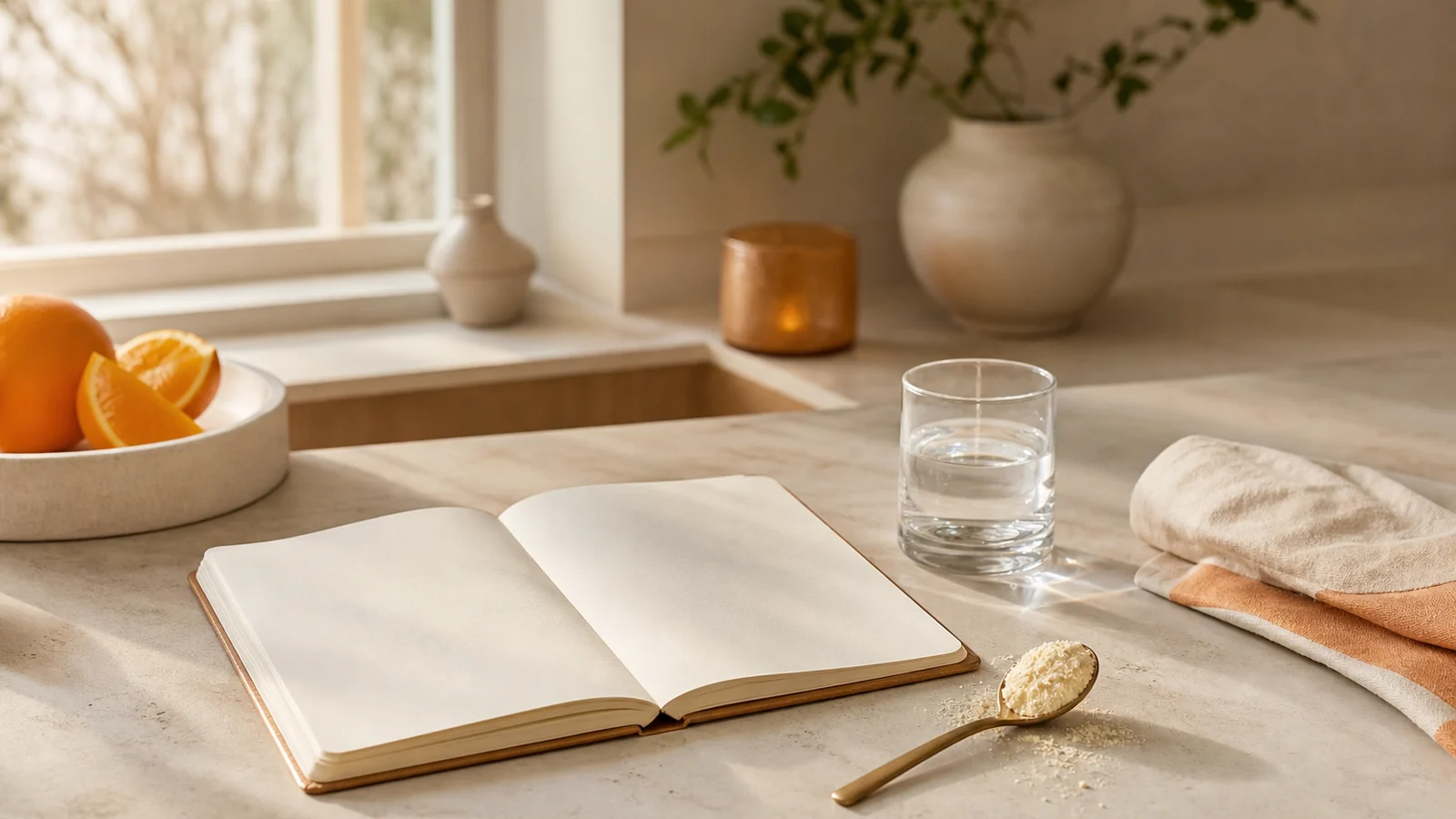 Routine adulte avec carnet de suivi, verre d’eau et poudre de colostrum