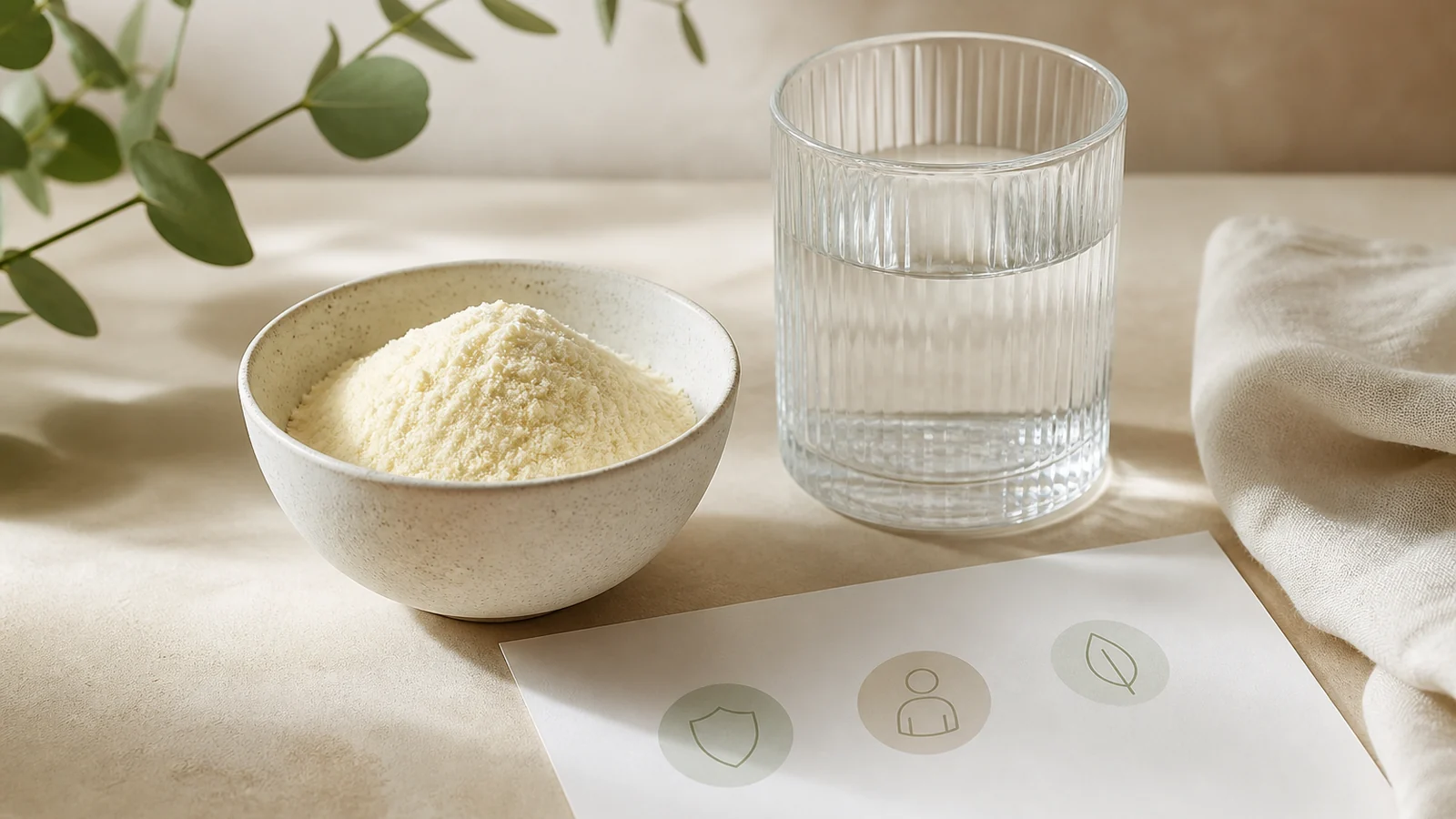 Bol de poudre de colostrum et repères de précaution pour adultes