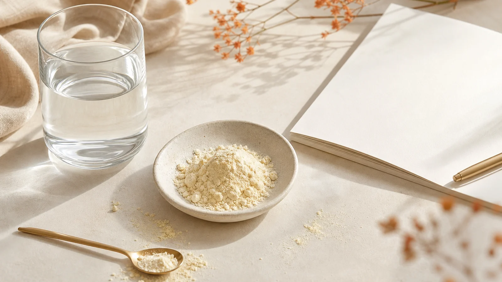 Poudre de colostrum bovin avec verre d’eau pour un usage adulte prudent