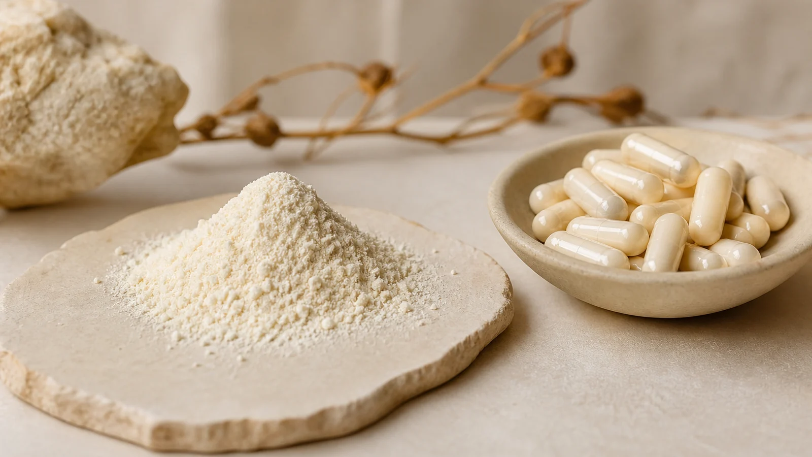 Colostrum en poudre et gélules neutres pour comparer les formats