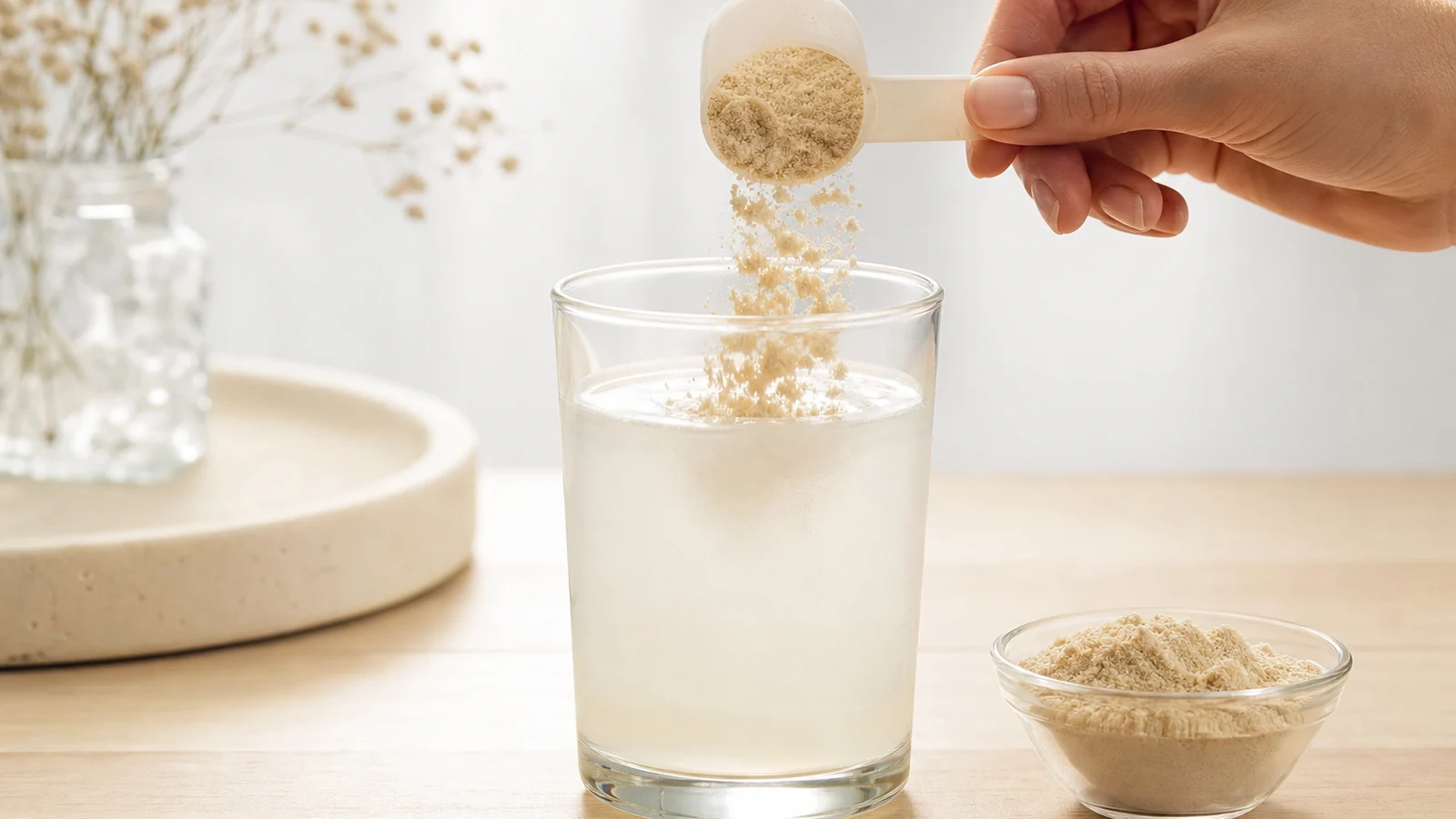 Préparation d’une dose de colostrum en poudre dans une boisson froide